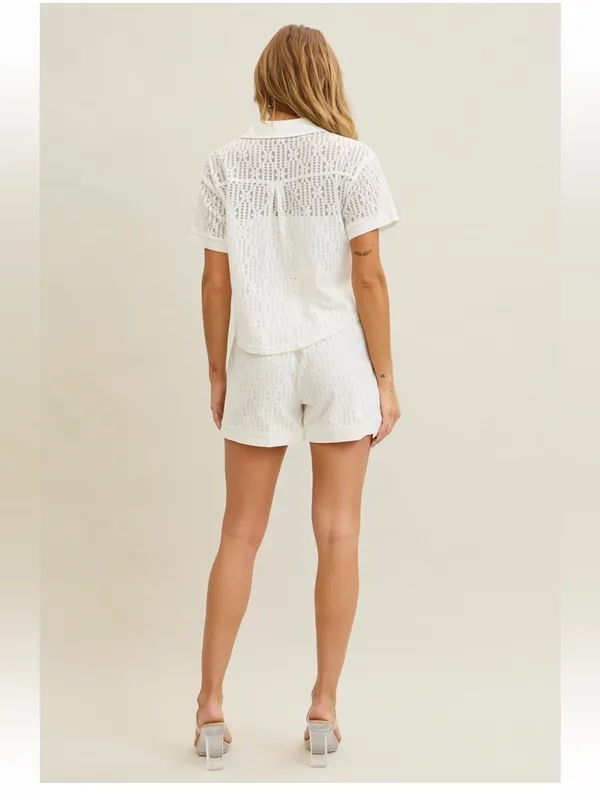 Rivir White Eyelet Button Front Top & Shorts Set Medium - Image 5