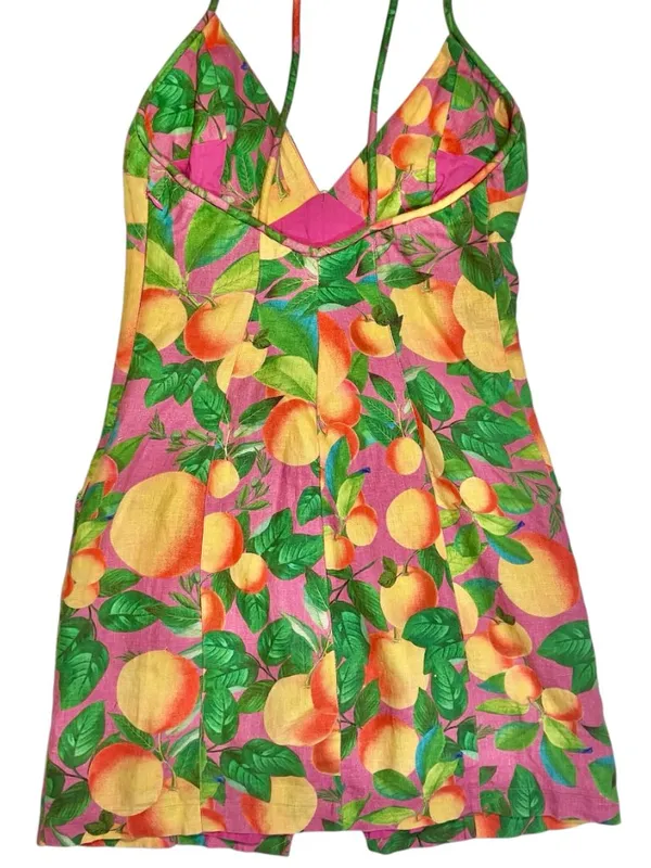 Farm Rio orange sunset linen mini summer sun dress fruit novelty tropical prnt S - Image 4