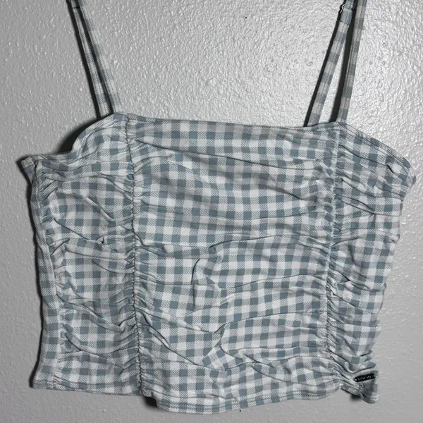 Hollister Women Blue/White Crop Top plaid top‎ size M - Image 2