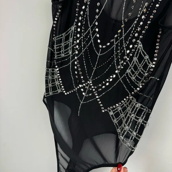 BKE Black Sheer Mesh Bodysuit Sz Large Embellished Jewel Rhinestone Y2K - Image 7