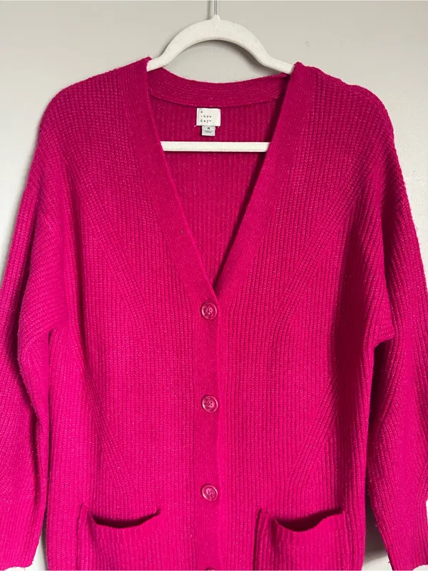 A NEW DAY | Bright Fuchsia Pink Chunky Knit Cardigan Sweater Dress Sz L - Image 2