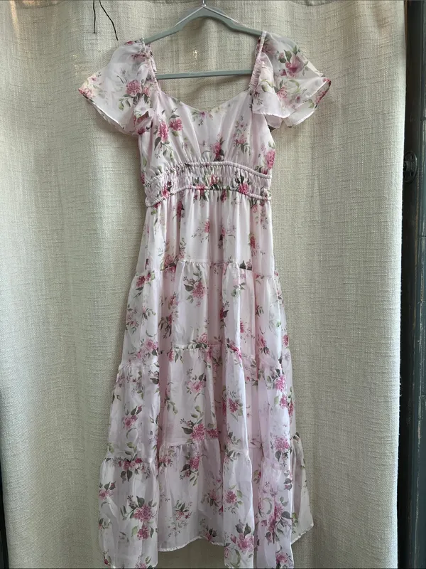 Floral Chiffon Flounce Sleeve Shirred Midi Dress Small - Image 11
