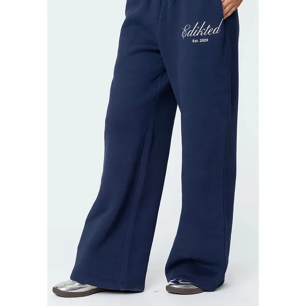 Edikted Navy Blue Wide Leg Baggy Sweatpants Logo Fleece Pants Women Large - Image 3