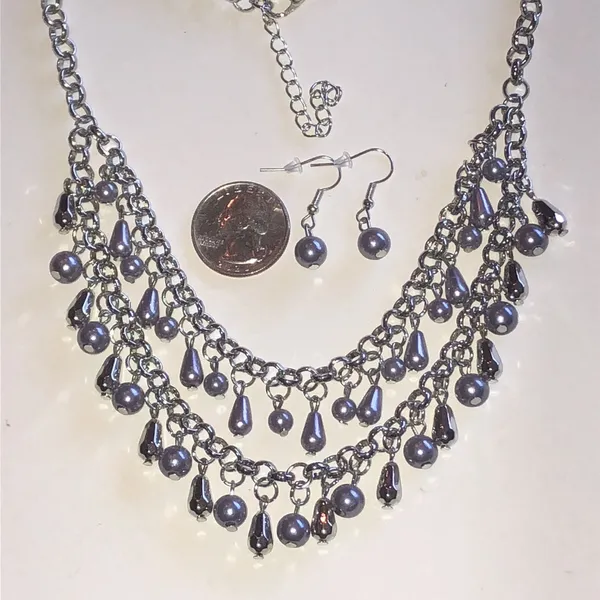 Silver Tone Light Purple Bead Multi-Strand Necklace & Earrings Set - Image 5