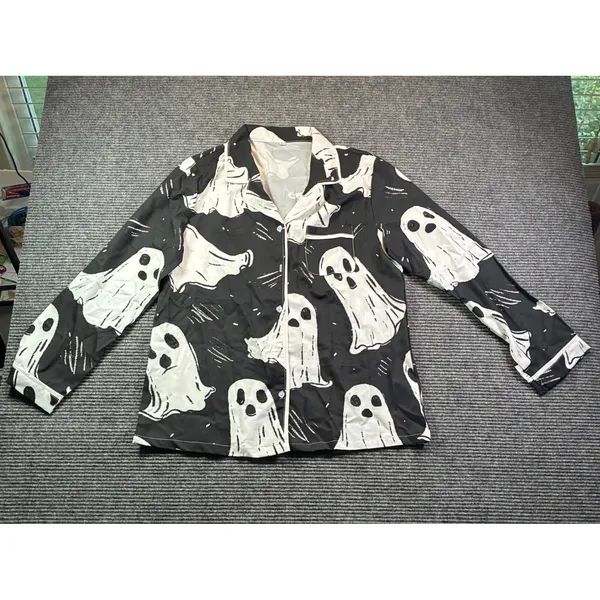 Black Ghost Print Pajama Set Women Large Long Sleeve Button Down Halloween PJs - Image 2