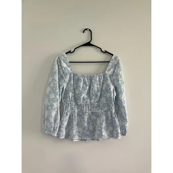 Free assembly 100% cotton blue & white floral babydoll top women's size small‎ - Image 5