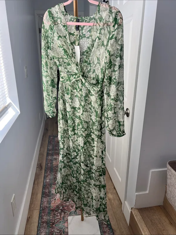 NWT Mango MNG Floral Sheer Green White Romantic Twist Front Midi Dress XS $129 - Image 3
