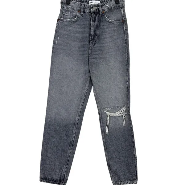 ZARA Wide Leg High Rise Vintage DInspired istressed Cropped Jeans 2 Rinsed Black - Image 2