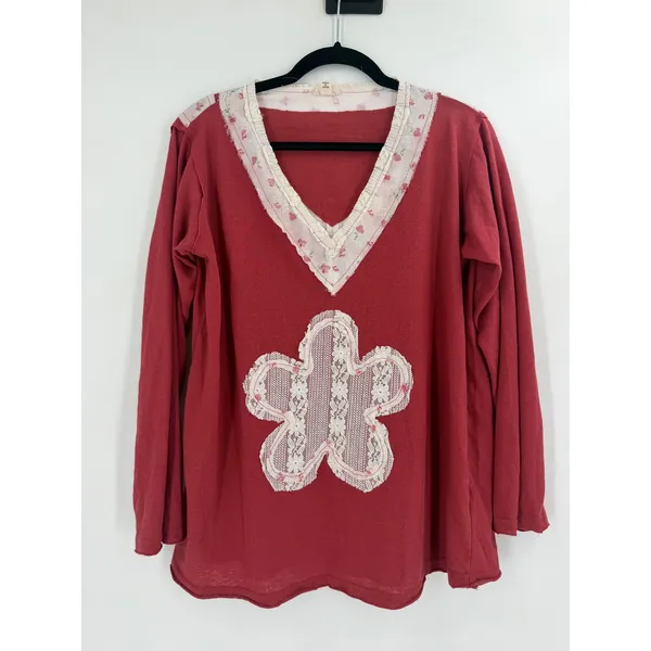 POL V-Neck Cotton Flower Patch Top Women Small Brick Red Lace Boho Cottagecore - Image 2