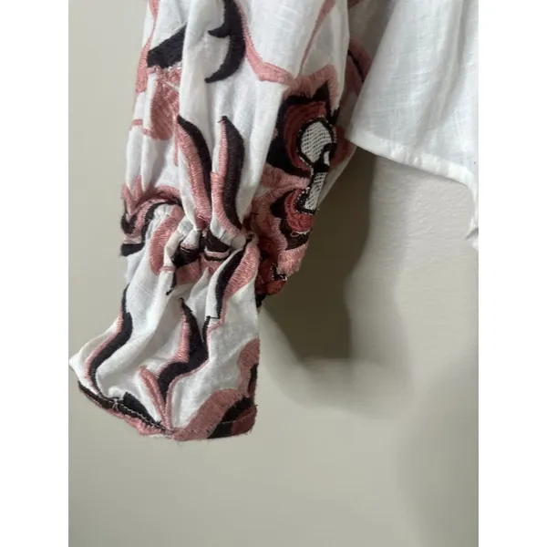 Anthropologie Simona Top‎ Womens XS White Pink Embroidered Floral Puffy Sleeve - Image 5