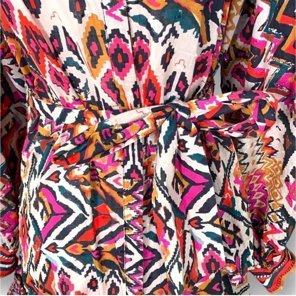 Zara Angie Belted Abstract Print Mini Dress Pink Red Boho‎ Ruffle Drop Waist XS - Image 6