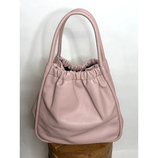 Lulu Dharma Pink Leather Ruched Tote Bag Shoulder Purse Gold Hardware - Image 3