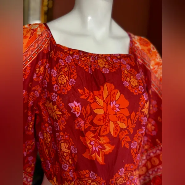 FARM Rio 100% Cotton Vibrant Red and Orange Long Sleeve Dress Size Medium - Image 12
