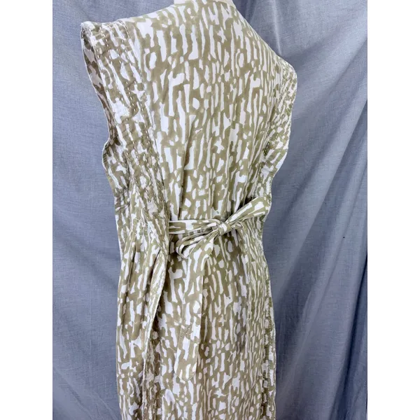 MIRTH‎ Olive Block Print Cotton Midi Dress Kantha Stitch Integrated Belt L - Image 15