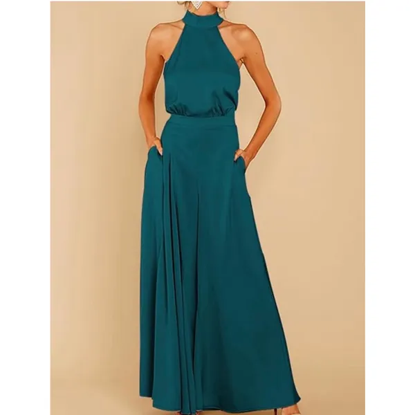 NEW Satin Sleeveless Halter Jumpsuit Pockets Wide Leg L - Image 7