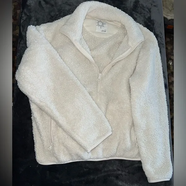 Aerie Offline Fluffy Sherpa Quarter Zip Sweatshirt in Toasted Coconut Size Small - Image 6