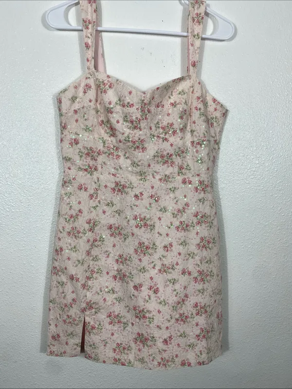 Storia pink floral lace and sequin corset-style mini dress, Size M 100% Rayón - Image 3