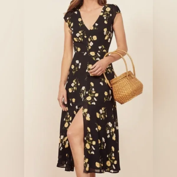 REFORMATION Black Floral Print WELLFLEET V-Neck Cutout Back Midi Dress - Image 5