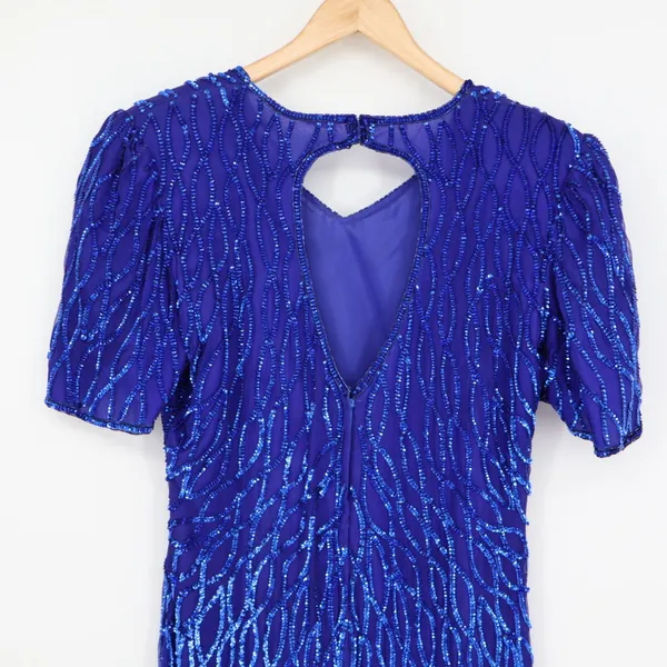 Vintage Silk Sequin Evening Gown Maxi Dress Lined Blue Elegant Zipper M/L 19"P2P - Image 10