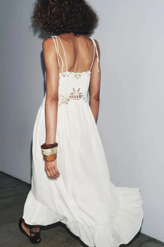 Zara White Lace Cotton Flowy Summer Bohemian Midi Dress - Image 9