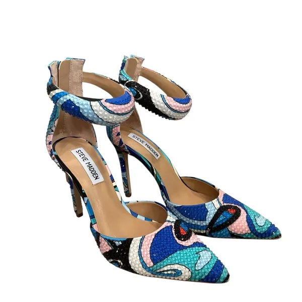 STEVE MADDEN ELE PUFF ANKLE STRAP PUMPS BLUE MULTI SIZE 8.5 nwb - Image 2