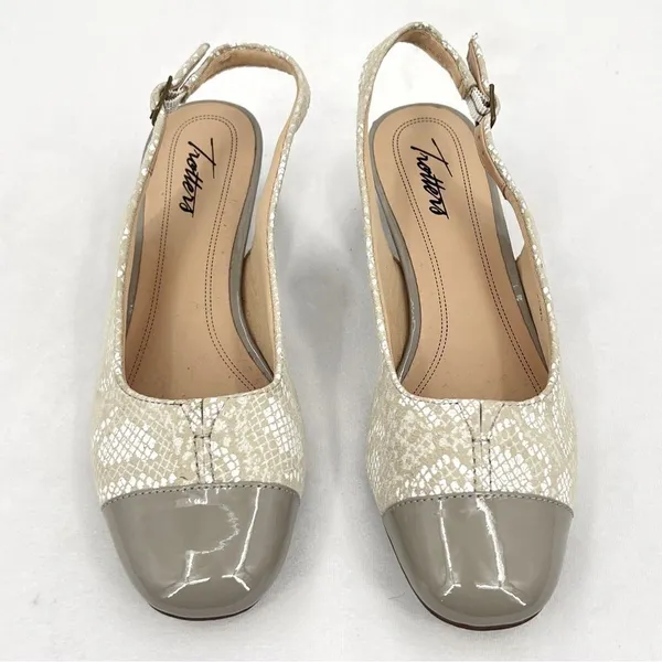Trotters Dea Light Grey Snake Leather Patent Square Cap Toe Slingback Pump 6.5 - Image 2