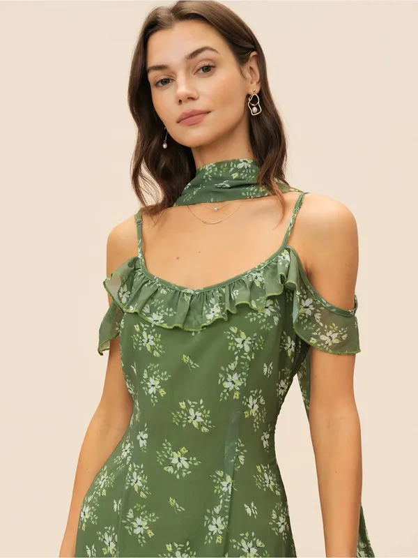 Rihoas Green Floral Ruffled Cold-Shoulder Maxi Dress - Image 5