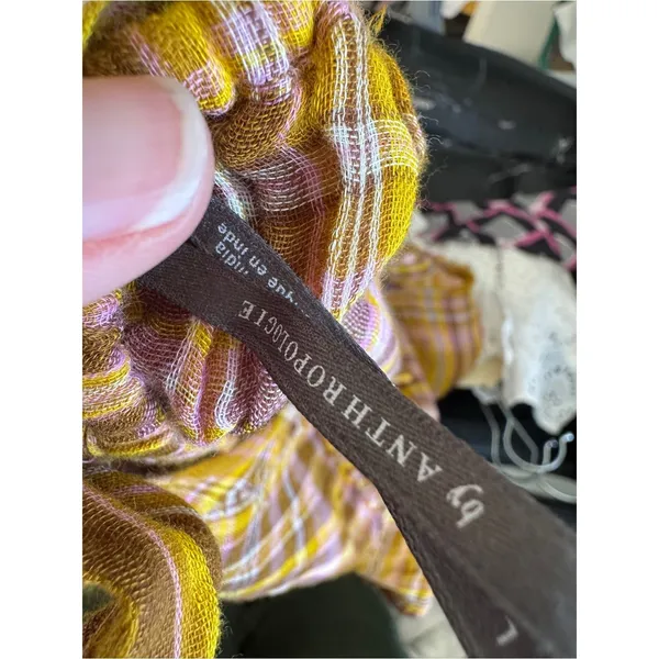 Anthropologie Yellow Pink Plaid Mini Dress Womens L Babydoll Boho Tie Back - Image 5