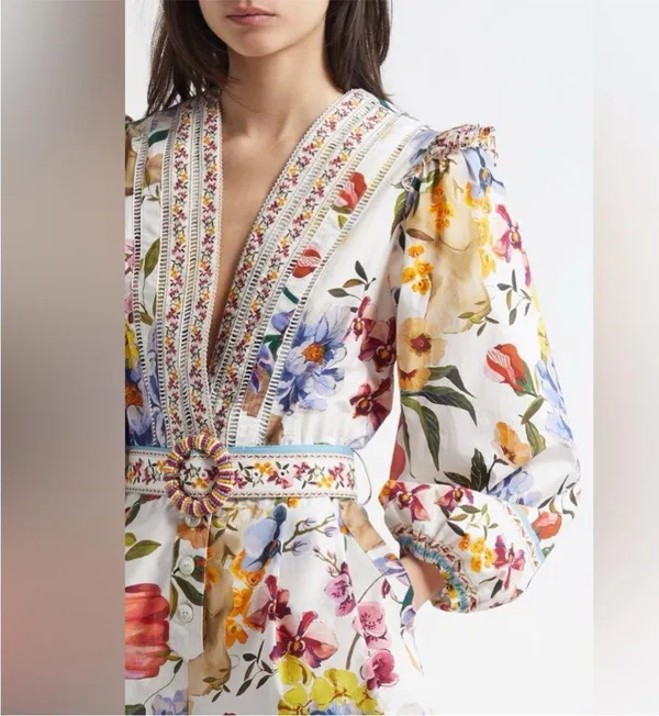 Farm Rio Greek Garden Long Sleeve Plunge Neck Cotton Romper XS - Image 4