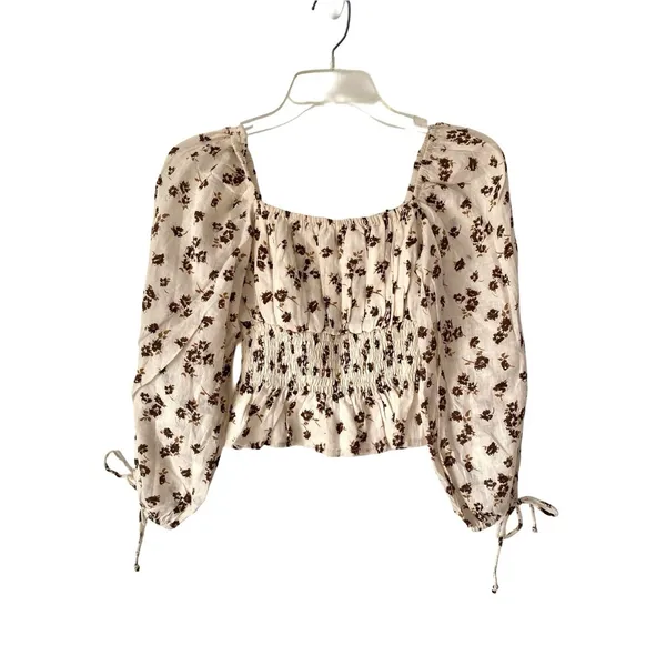 Faithfull The Brand NWTs Smocked Floral Crop Top Cream Chocolate Brown size 4 - Image 3