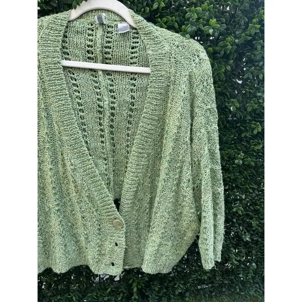 BKE‎ Sage Green Chunky Knit Button Front Cardigan Sweater Med Slouchy Pointelle - Image 3