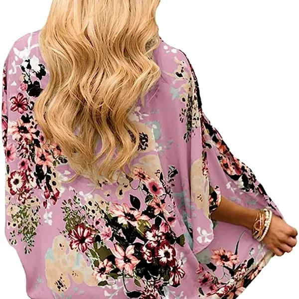 Women's Batwing Floral Chiffon Kimono Beachwear Cover Up Pink L - Image 5