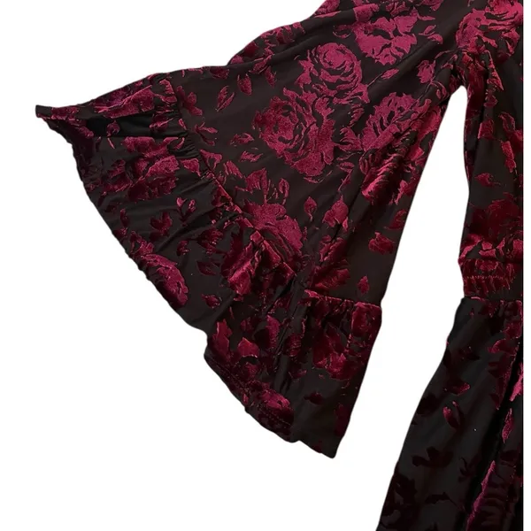 Modcloth Very Visionary Red Velvet Dress Burnout Large Bell Sleeve Edwardian - Image 3