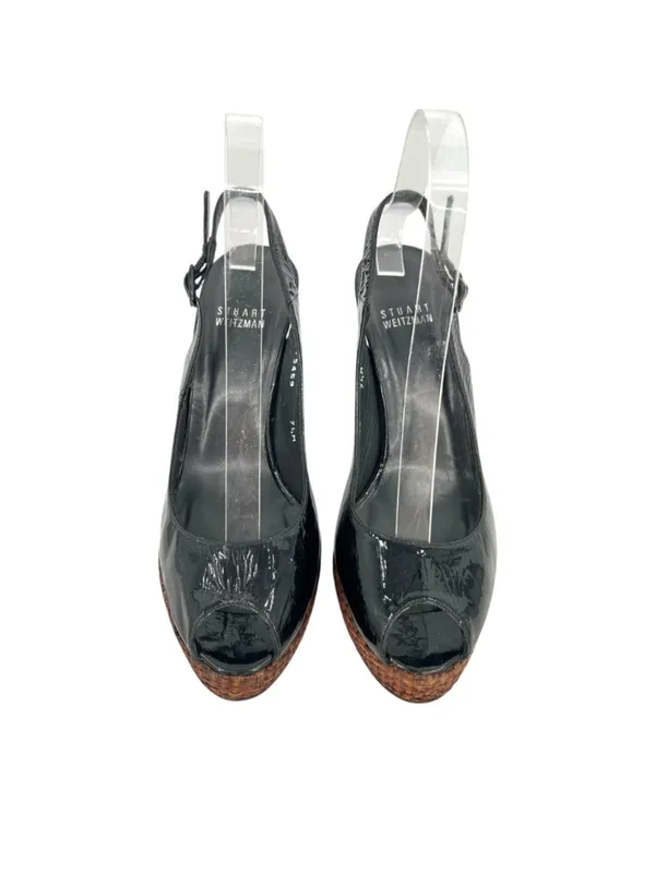 Stuart Weitzman Patent Leather Slingback Peep-Toe Woven Rattan Heel Size 7.5 - Image 2