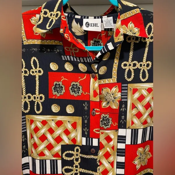Vintage 80s EHL Red & Black Patterned Long-Sleeve Button-Up Blouse Top - Image 2