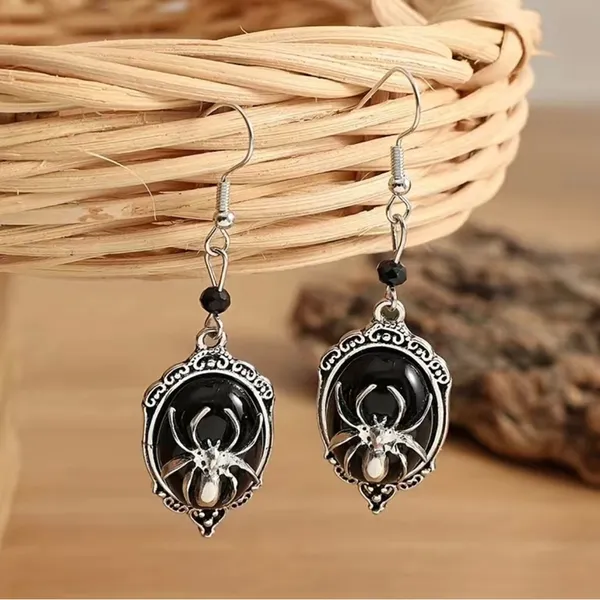 Gothic Retro Style Black Gemstone Spider‎ Earrings Faux Fashion Jewelry - Image 4