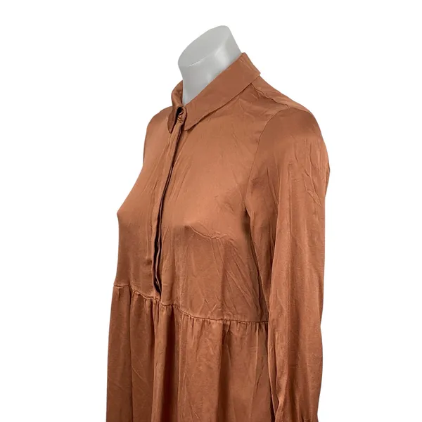 Zara Women's Brown Long Sleeve Button Front Tiered A Line Mini Dress Size XS - Image 2