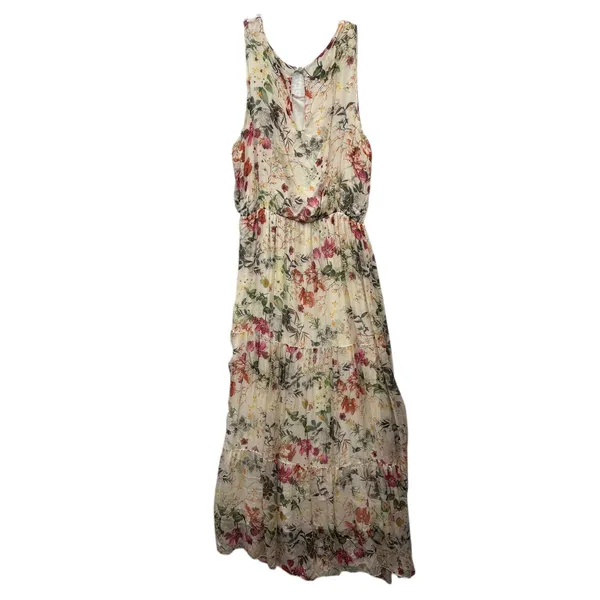 Lara G Italy Sleeveless Floral Silk Tiered Maxi Dress Keyhole Spring Garden L - Image 2