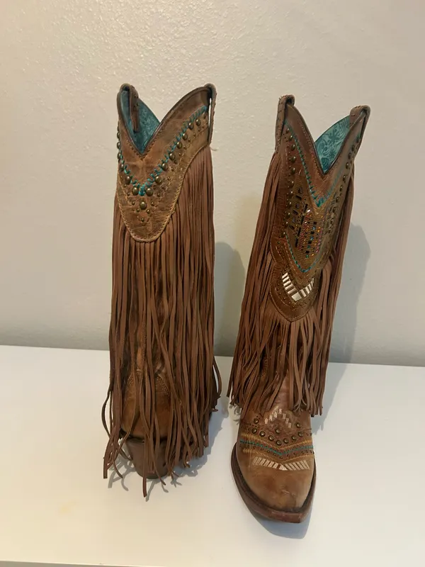 Corral Ladies 7.5 Brown & Multicolor Crystal Fringe Snip Toe Boots C2910 - Image 2