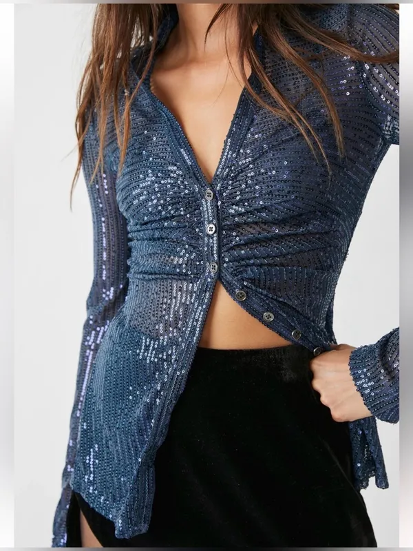 Free People Sequin Shirtee Small Varsity Navy Button Up Party Statement Holiday - Image 5