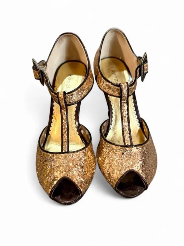 Kenzie ‘GINGER’ Gold Glitter Peep Toe Wedge Kitten Heel Mary Jane Sandals Sz 8 - Image 5