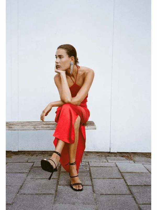 Zara Red Satin Halter Maxi Dress - Image 4