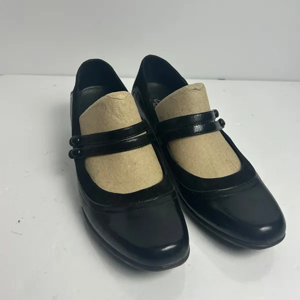 Clarks Artisan Black Leather Double Strap Mary Jane Wedge Pumps 87415 9M - Image 14