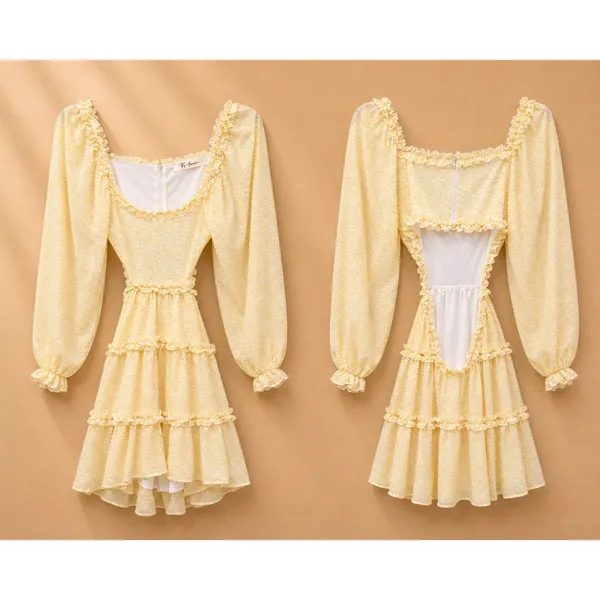 Ryan Bunches Womens Dress S Yellow Floral Open Back Ruffle Tiered MD2476 - Image 3
