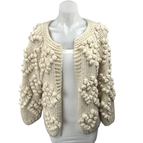 Chicwish Knit Your Love Ivory Heart Shape Pompoms Chunky Knit Cardigan Sweater S - Image 2