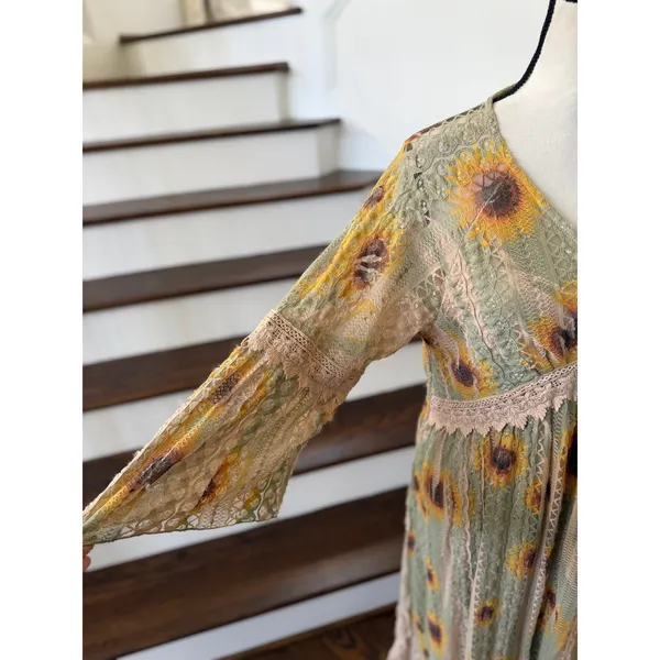 Origami Green Tan Sunflower Burnout Lace Trim Renaissance Boho Western Dress - Image 5