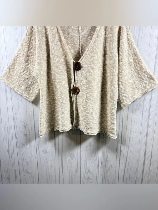 JM COLLECTION Oversized Beige Marled Knit Cardigan 1/2 Sleeve Boho Metallic, XL - Image 3