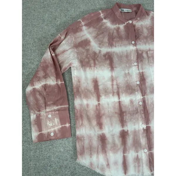 Zara Oversized XS Top Pink‎ White Tie Dye Button Down Long Sleeve Frayed Hem - Image 10