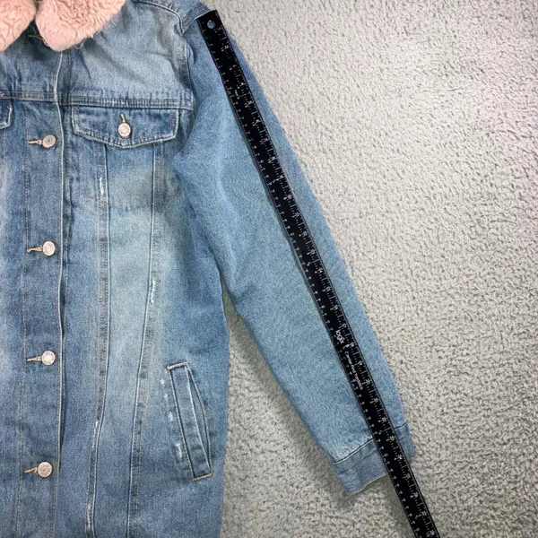 Y2K Longline Denim Jacket Women 4 Pink Faux Fur Collar Fleece Lined Boyfriend - Image 14