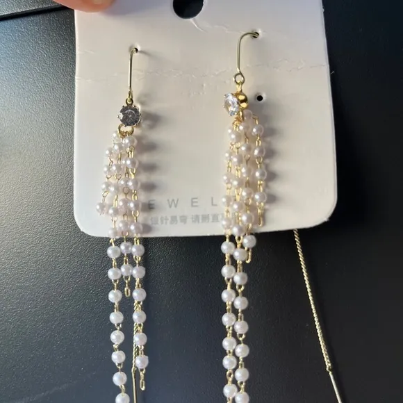 Elegant Faux Pearl Dangle Earrings with‎ Gold Chains – Layered Tassel Design - Image 3
